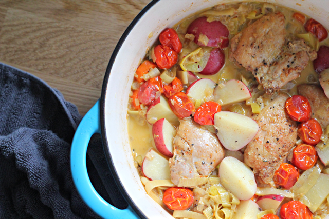 White Wine Braised Chicken Thighs with Leeks, Potatoes and Tomatoes