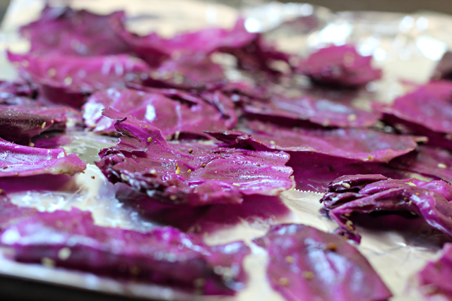 Red Cabbage Chips with Tomato Yogurt Dipping Sauce