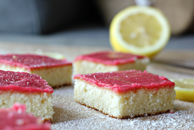 Lemon Cake Squares with Raspberry Glaze