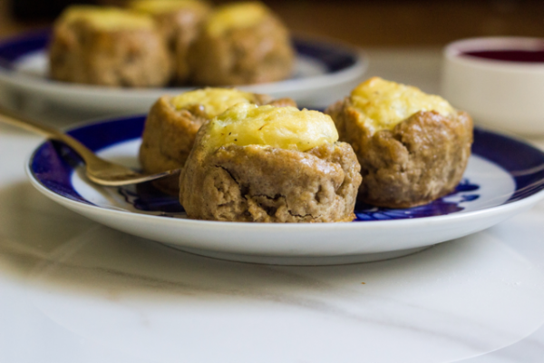 Mashed Potato Pumpkin Spice Knishes with Cranberry Mustard Sauce