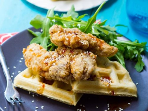 Za Atar Fried Chicken And Tahini Waffles With Harissa Maple Syrup What Jew Wanna Eat