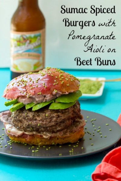 Sumac Spiced Burgers with Pomegranate Aioli on Beet Buns 