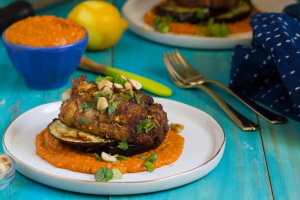 Grilled Chicken with Eggplant and Romesco Sauce