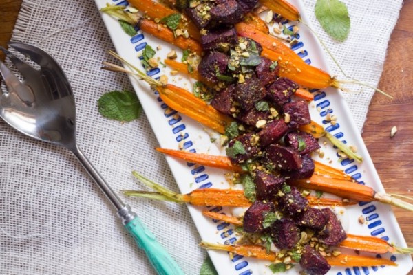 Roasted Carrots and Beets with Tahini Yogurt and Pistachios 