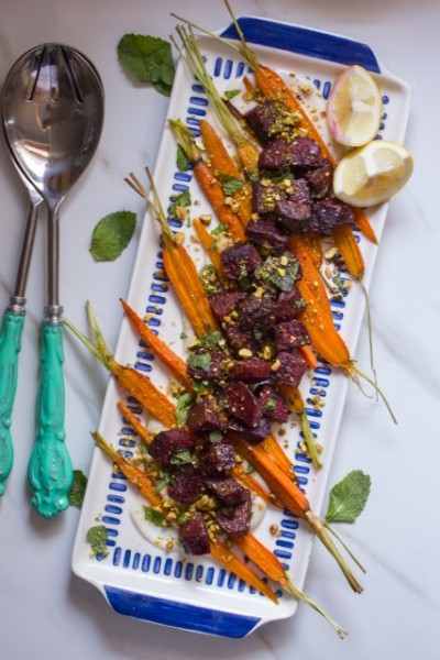 Roasted Carrots and Beets with Tahini Yogurt and Pistachios