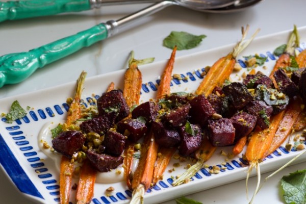 Roasted Carrots and Beets with Tahini Yogurt and Pistachios
