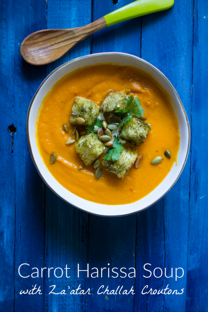Carrot Harissa Soup with Za'atar Challah Croutons - What Jew Wanna Eat