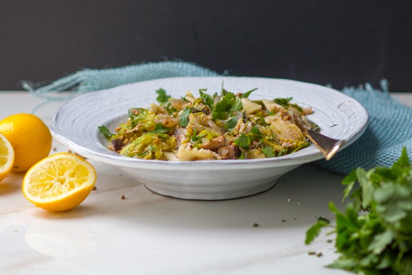 Kasha Varnishkes with Sumac Fried Brussels Sprouts