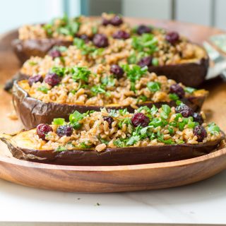 Spice-Rubbed Eggplant with Farro and Cranberries