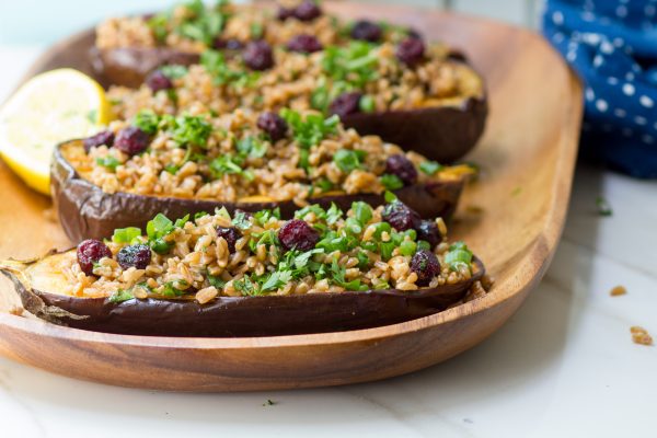 Spice-Rubbed Eggplant with Farro and Cranberries