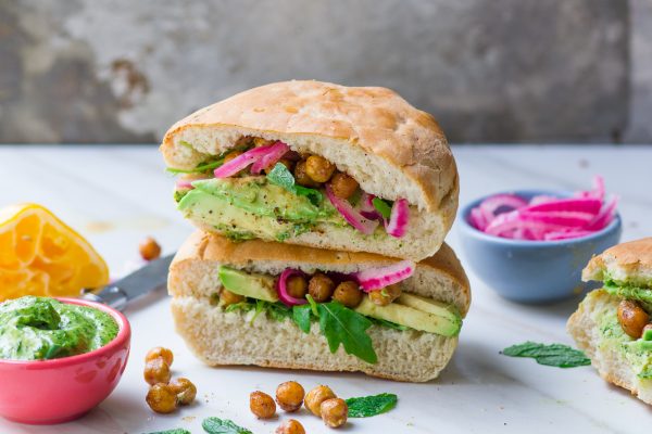 Roasted Chickpea Pita with Green Tahini and Pickled Onions