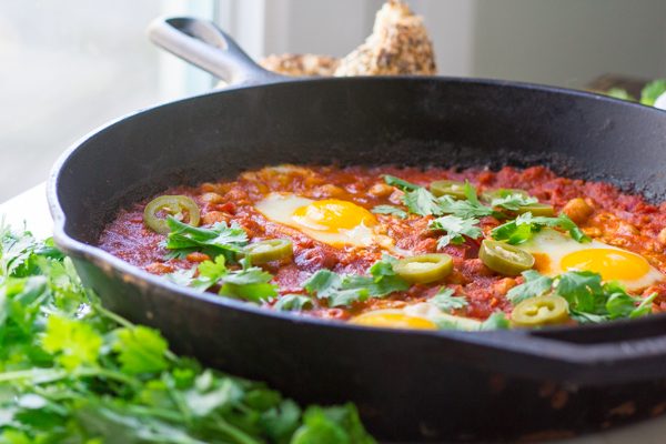 Shakshuka with Charred Chickpeas and Pickled Jalapeños