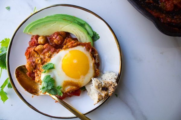 Shakshuka with Charred Chickpeas and Pickled Jalapeños
