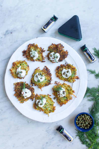 Gluten Free Zucchini Potato Latkes with Dill Sour Cream and Fried Capers