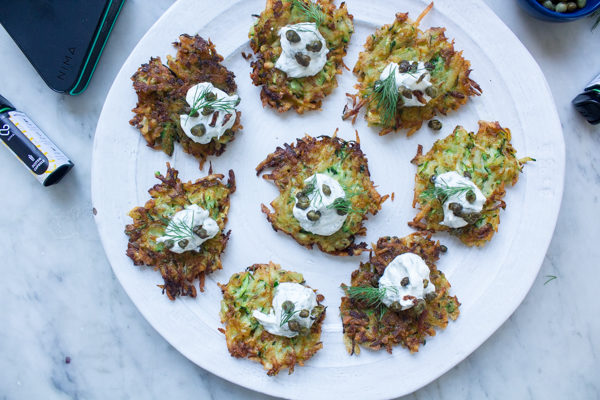 Gluten Free Zucchini Potato Latkes with Dill Sour Cream and Fried Capers