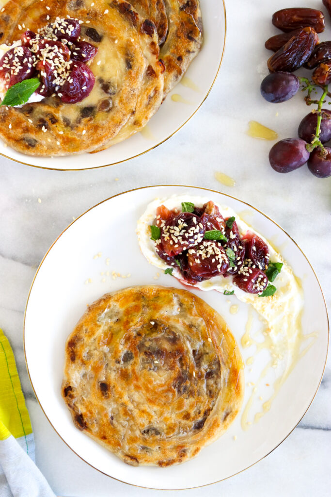 Date Malawach with Roasted Grapes and Labneh