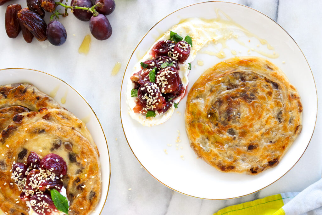 Date Malawach with Roasted Grapes and Labneh