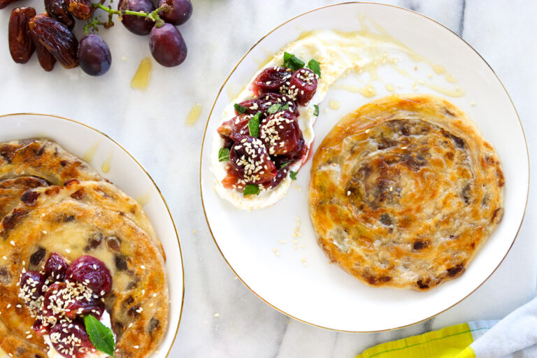 Date Malawach with Roasted Grapes and Labneh recipe