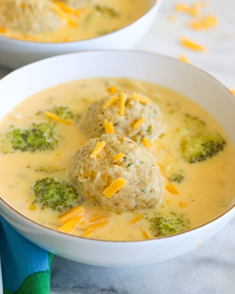 Broccoli Cheddar Matzah Ball Soup