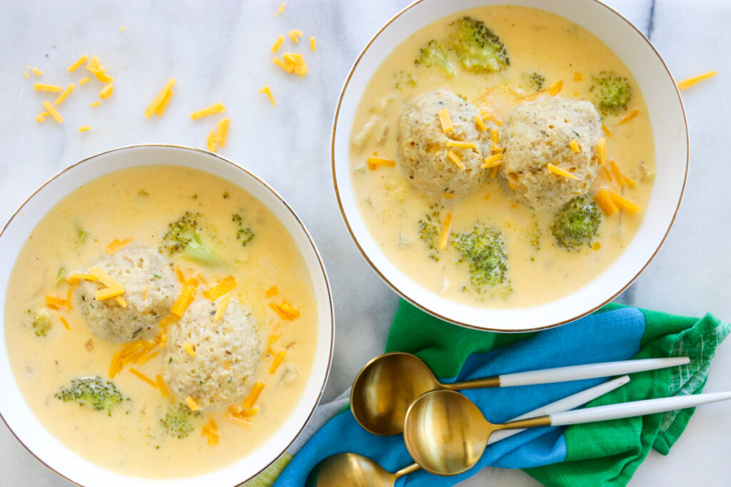 You cheddar believe that any soup is better with matzah balls! Even Broccoli Cheddar Matzah Ball Soup