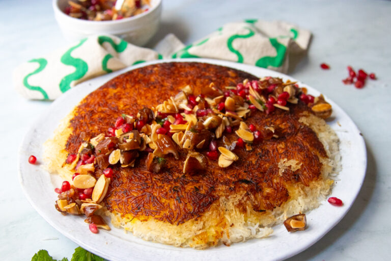 Tahdig with Jeweled Pomegranate, Almond, Date Crunch recipe