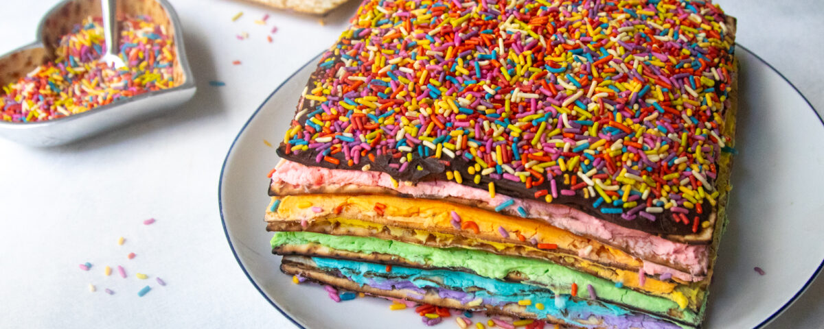 Rainbow Matzah Cake with Chocolate Ganache