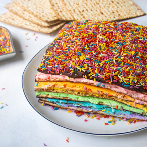 Rainbow Matzah Cake with Chocolate Ganache