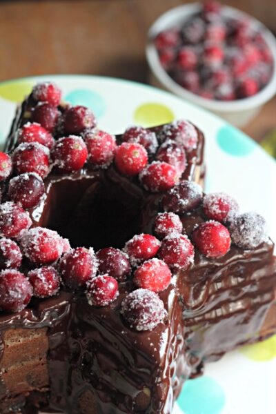 Chocolate Cranberry Cake with Gelt Glaze