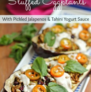 Farro Stuffed Eggplants with Pickled Jalapeños and Tahini Yogurt Sauce