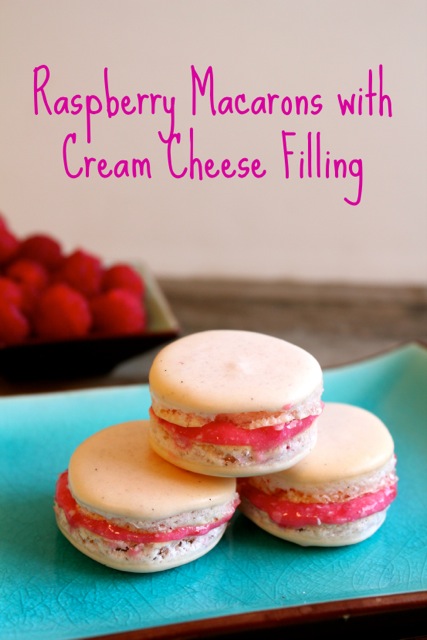 raspberry macarons with cream, cheese filling